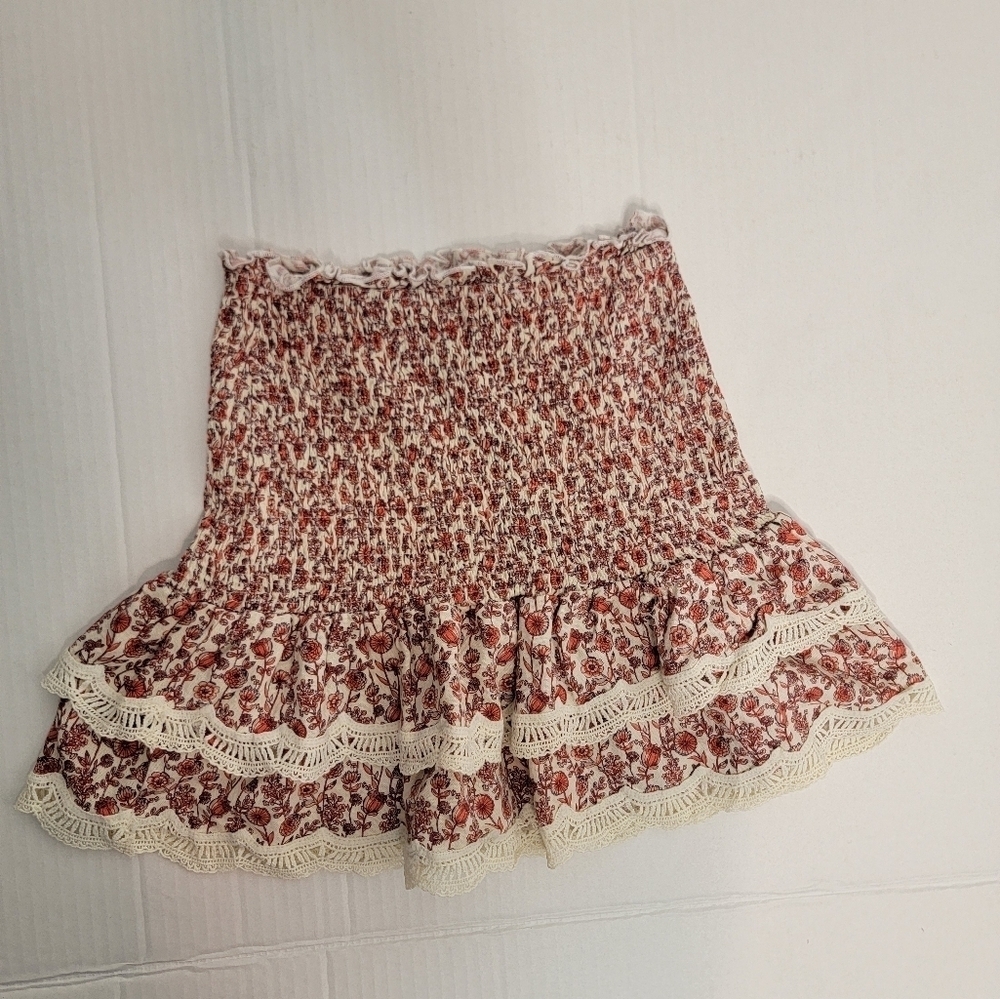 Moodie Mini Skirt XS/S Smocked Waist Ruffle Linen Blend Boho Beachy